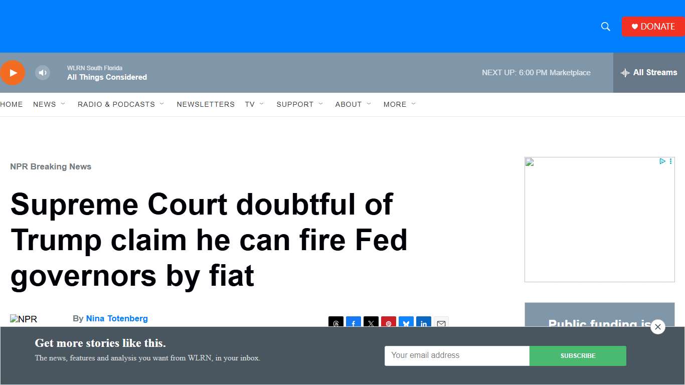 Supreme Court doubtful of Trump claim he can fire Fed governors by fiat WLRN